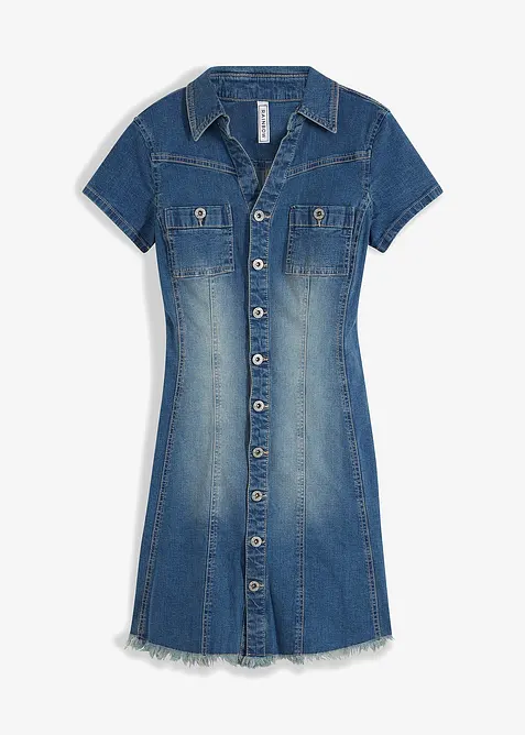 Džínové šaty s knoflíky a nezačištěným spodním okrajem, bonprix