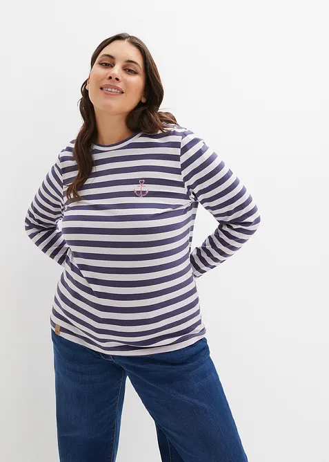Proužkované triko s výšivkou, dlouhý rukáv, bonprix
