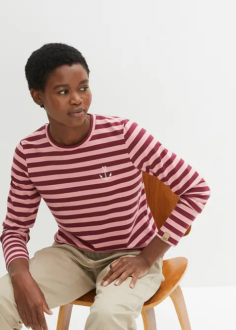 Proužkované triko s výšivkou, dlouhý rukáv, bonprix