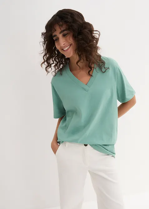 Dlouh&eacute; tričko se &scaron;irok&yacute;m střihem a s v&yacute;střihem do V, kr&aacute;tk&yacute; ruk&aacute;v (5 ks v balen&iacute;), bonprix