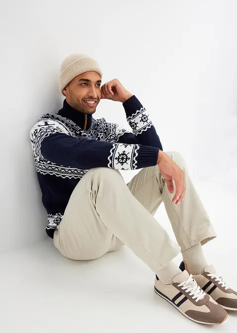 Námořnický svetr s norským vzorem a límečkem na zip, bonprix