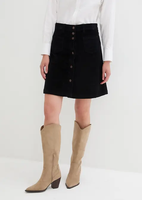 Strečov&aacute; man&scaron;estrov&aacute; sukně s knofl&iacute;kovou l&eacute;gou, bonprix