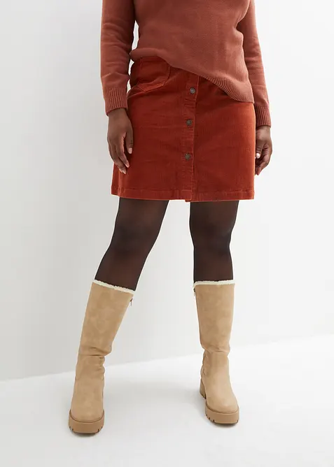 Strečov&aacute; man&scaron;estrov&aacute; sukně s knofl&iacute;kovou l&eacute;gou, bonprix