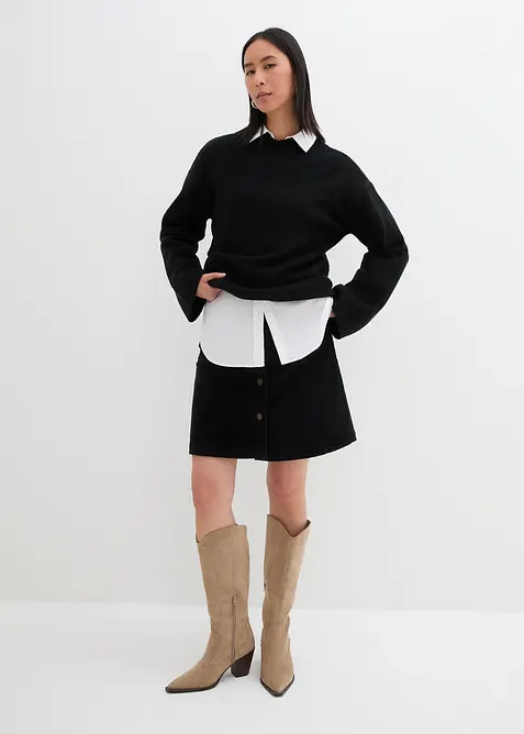 Strečov&aacute; man&scaron;estrov&aacute; sukně s knofl&iacute;kovou l&eacute;gou, bonprix