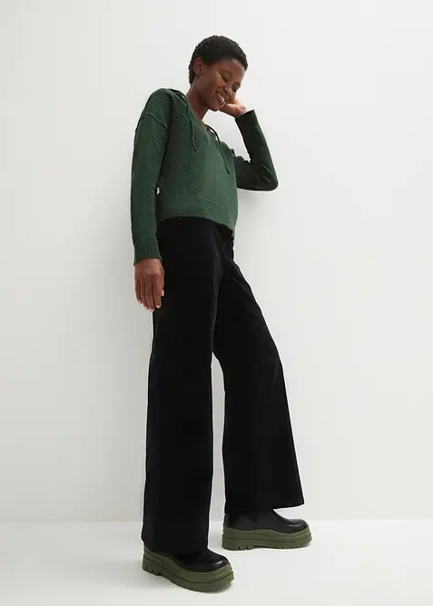 Pletený svetr s výstřihem do V a kapucí, bonprix