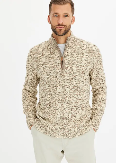 Melírovaný svetr s límečkem na zip a copánkovým vzorem, bonprix