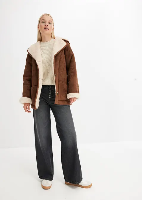 Bunda s kapucí, materiál shearling, bonprix