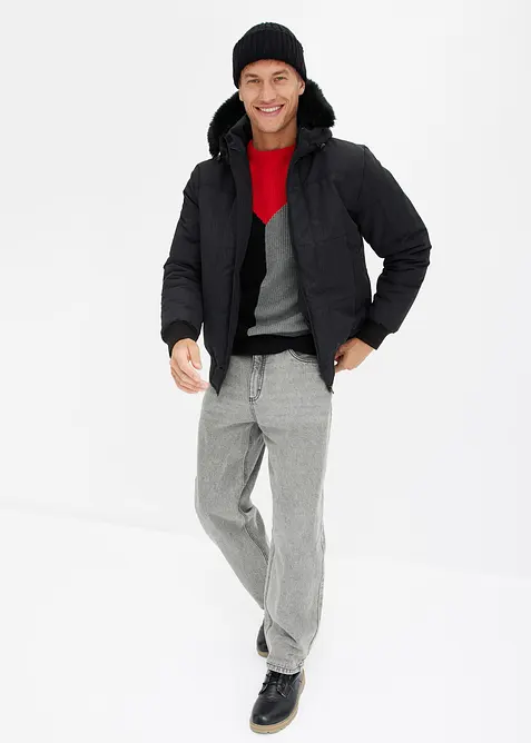 Prošívaná bunda s kožešinovou kapucí, střih bluzonu, bonprix