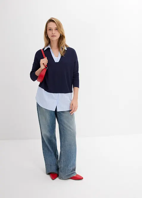 Svetr z jemné pleteniny, s halenkovou vsadkou, bonprix