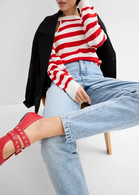 Mom dž&iacute;ny, High Waist, n&iacute;zk&yacute; pod&iacute;l streče, zkr&aacute;cen&eacute;, bonprix