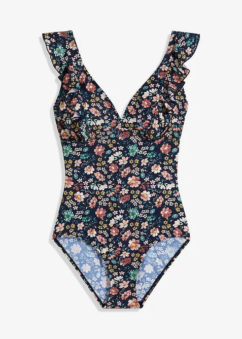 Stahovací jednodílné plavky s volány, lehký tvarující efekt, bonprix