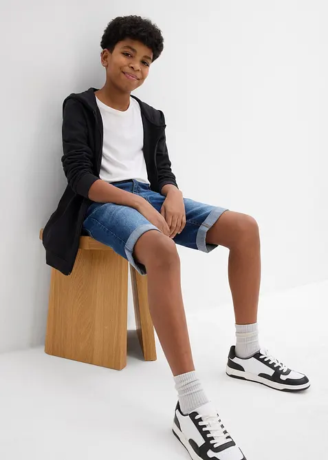 Strečov&eacute; dž&iacute;nov&eacute; bermudy s nastaviteln&yacute;m pasem, Slim Fit, bonprix