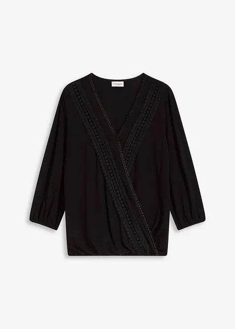 Triko s 3/4 rukávem, krajkou a zavinovacím vzhledem, bonprix