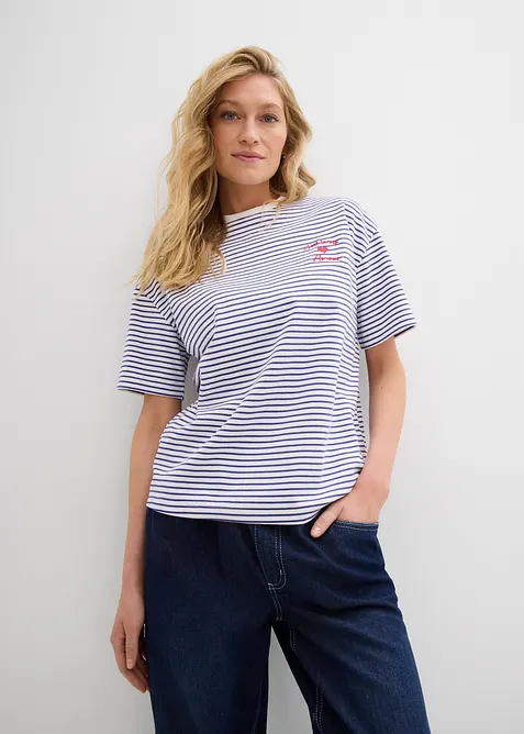 Pruhované triko s výšivkou, bonprix