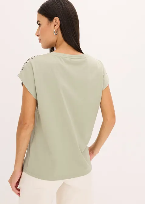 Triko s tkanou vsadkou a třpytivými kamínky, bonprix