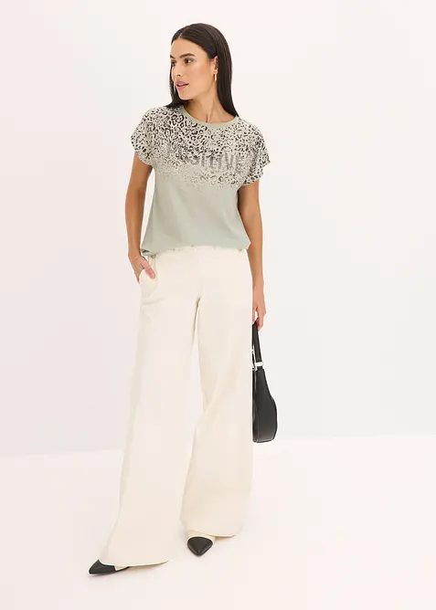 Triko s tkanou vsadkou a třpytivými kamínky, bonprix