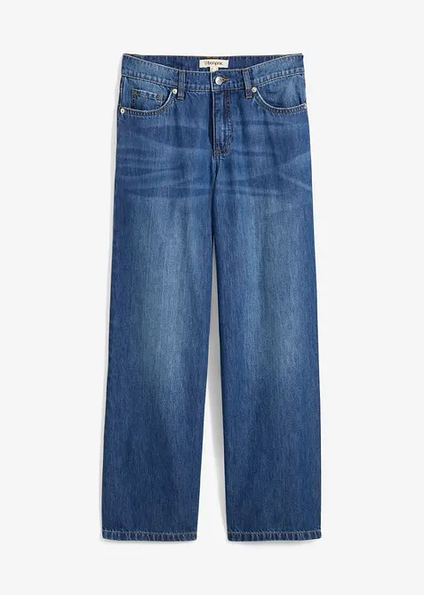 Baggy dž&iacute;ny Mid Waist Super Soft, zkr&aacute;cen&eacute;, bonprix