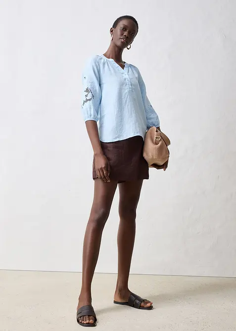 Tunika z čistého lnu, s dírkovanou výšivkou, bonprix