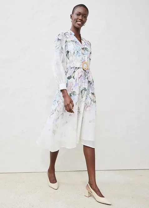 Midi šaty z ramie (2dílná souprava s páskem), bonprix