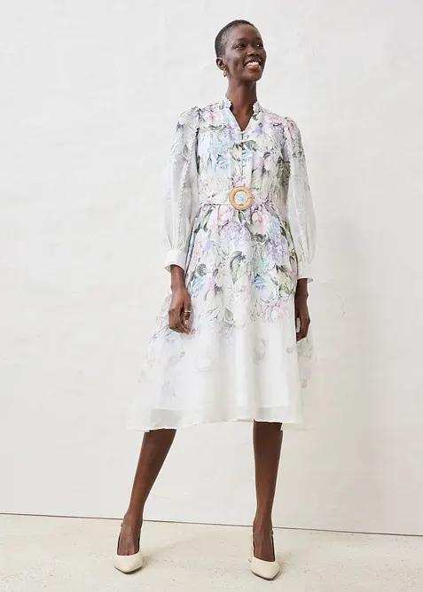 Midi šaty z ramie (2dílná souprava s páskem), bonprix