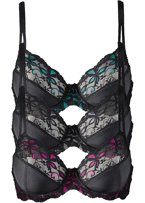 Podprsenka s kosticemi a jemnou krajkou (3 ks v balení), bonprix