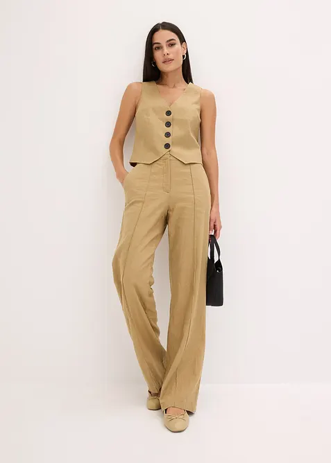 Kalhoty se lnem a sklady u pasu, High Waist, bonprix