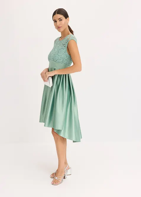 Šaty s delším zadním dílem, z lesklého saténu s krajkou, bonprix