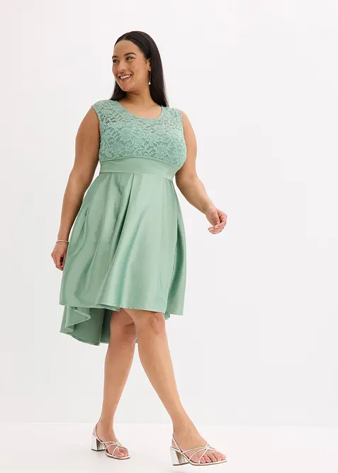 Šaty s delším zadním dílem, z lesklého saténu s krajkou, bonprix