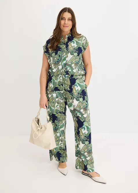 Kalhoty ze spl&yacute;vav&eacute; visk&oacute;zy s potiskem, bonprix