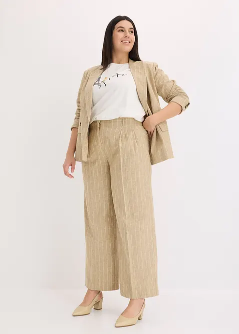 Kalhoty se sklady u pasu a s pod&iacute;lem lnu, bonprix