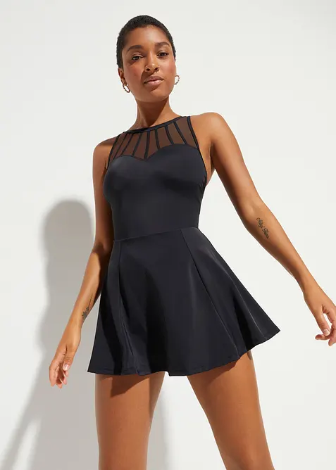 Stahovací koupací šaty s průhlednou síťovinou, střední tvarující efekt, bonprix