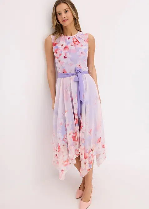 Šifonové šaty s cípatým spodním okrajem a vázačkou, bonprix