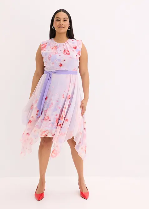 Šifonové šaty s cípatým spodním okrajem a vázačkou, bonprix