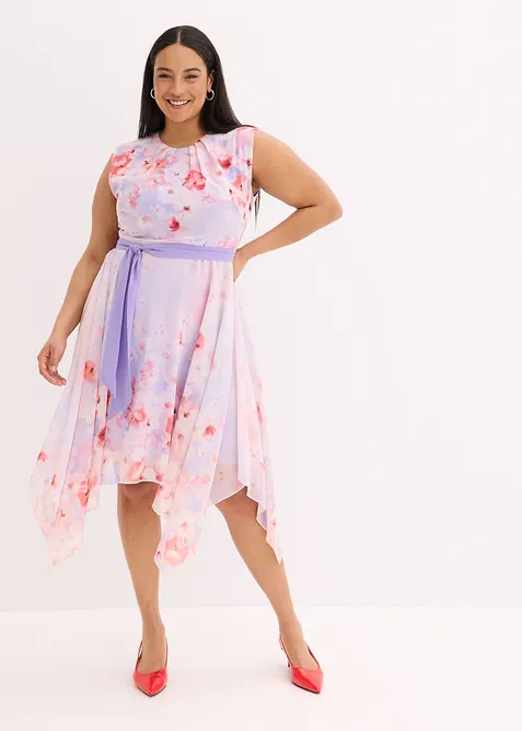 Šifonové šaty s cípatým spodním okrajem a vázačkou, bonprix