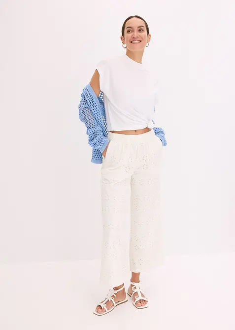 Culotte kalhoty z materi&aacute;lu s d&iacute;rkovanou v&yacute;&scaron;ivkou, bonprix