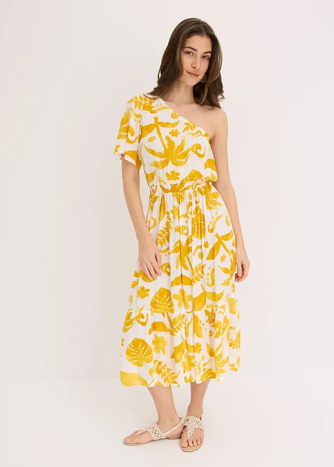 Šaty na jedno rameno, ze strukturované viskózy s potiskem, bonprix