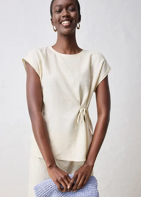 Triko z čistého lnu s tkanou vsadkou, bonprix