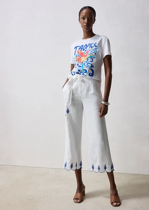 Lněné Culotte kalhoty s páskem (2dílná souprava), bonprix