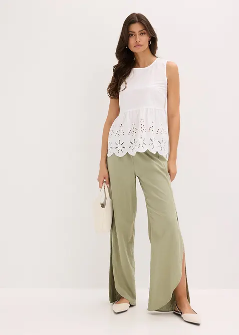 Halenkový top bez rukávů, s rozparkem a dírkovanou výšivkou, bonprix