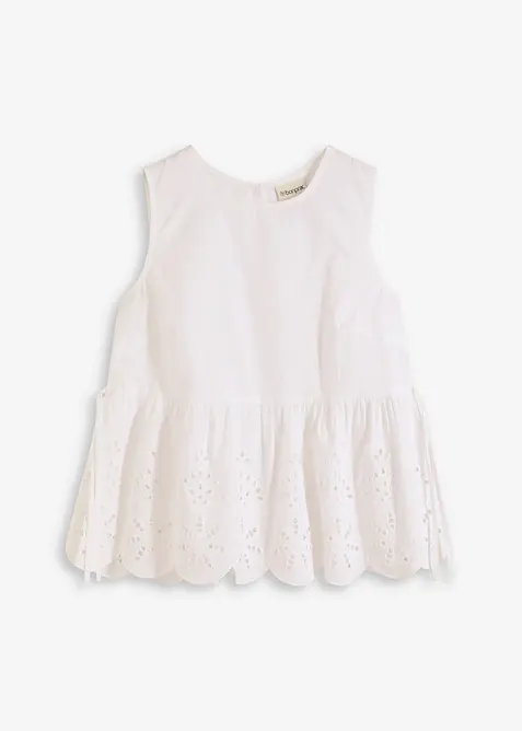 Halenkový top bez rukávů, s rozparkem a dírkovanou výšivkou, bonprix