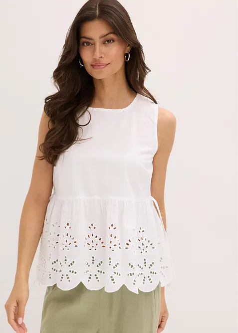 Halenkový top bez rukávů, s rozparkem a dírkovanou výšivkou, bonprix