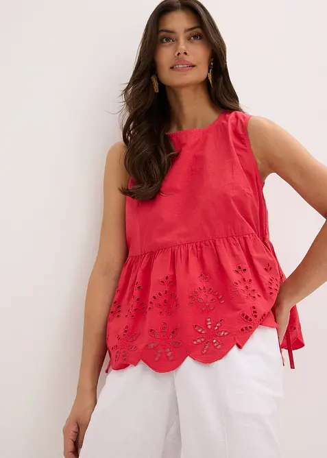 Halenkov&yacute; top bez ruk&aacute;vů, s rozparkem a d&iacute;rkovanou v&yacute;&scaron;ivkou, bonprix