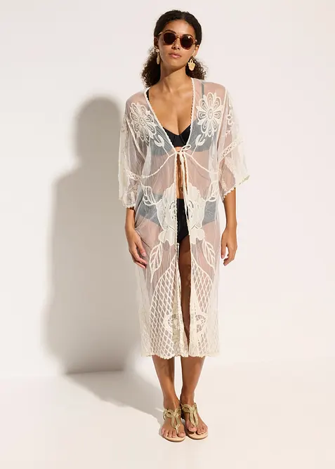 Transparentní plážové kimono s krajkou, bonprix