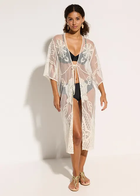 Transparentní plážové kimono s krajkou, bonprix