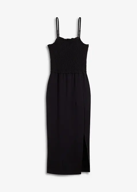 Midi šaty z pevného žerzeje, s žabičkovanou vsadkou a rozparkem, bonprix