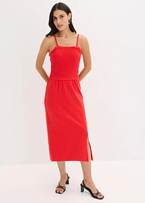 Midi šaty z pevného žerzeje, s žabičkovanou vsadkou a rozparkem, bonprix