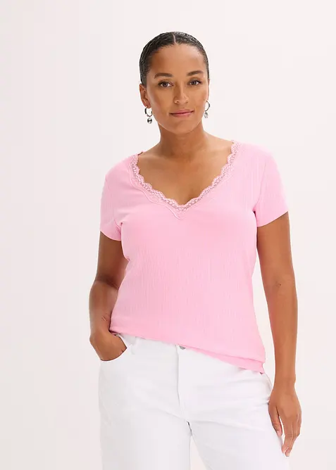 Žebrované tričko s krajkovým detailem (2dílná souprava), bonprix