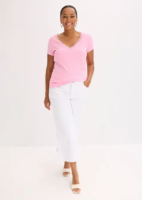 Žebrované tričko s krajkovým detailem (2dílná souprava), bonprix