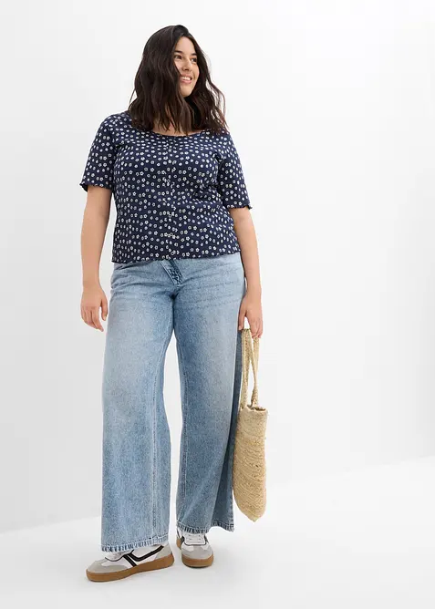 Žebrované tričko s květinovým potiskem, polodlouhý rukáv, bonprix