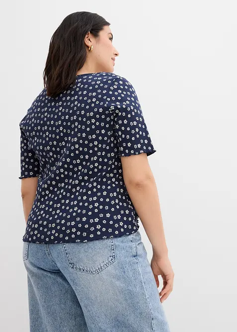 Žebrované tričko s květinovým potiskem, polodlouhý rukáv, bonprix